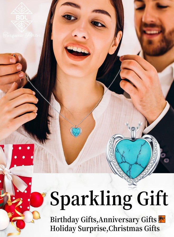 BDL Turquoise Necklace - Sterling Silver Angel Wing Heart Shape Natural Turquoise with 5A Cubic Zirconia Pendant Necklace for Women, Western Jewelry, Gifts for Women Wife Moms Grandma… - Image 4